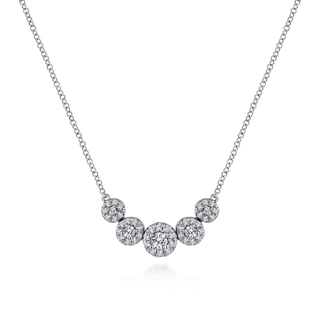 14K White Gold Round Diamond Halo Bar Necklace