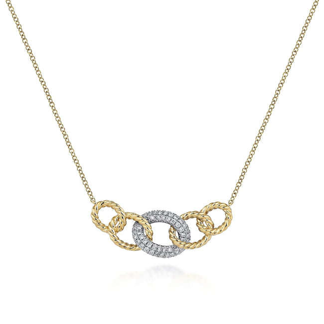 14K Yellow-White Gold Twisted Rope Link Necklace with Pavé Diamond Link Station