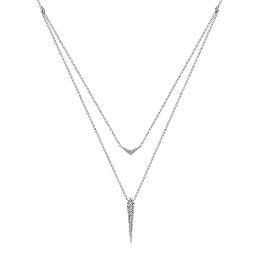 14K White Gold Layered Pavé Diamond Bar and Spike Pendant Necklace