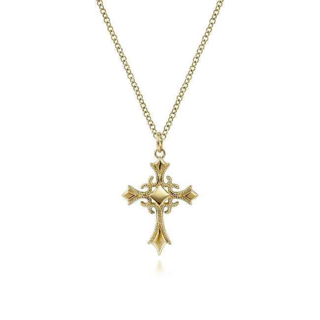 14K Yellow Gold Vintage Inspired Cross Pendant Necklace