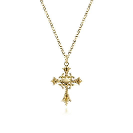 14K Yellow Gold Vintage Inspired Cross Pendant Necklace