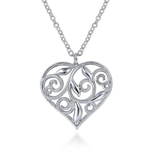30 inch 925 Sterling Silver Floral Inlay Heart Pendant Necklace
