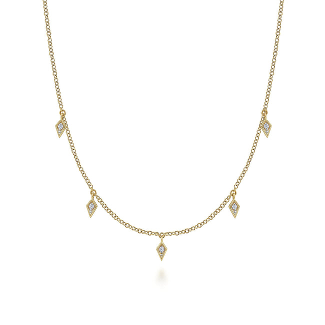 14K Yellow Gold Diamond Station Kite Droplet Necklace
