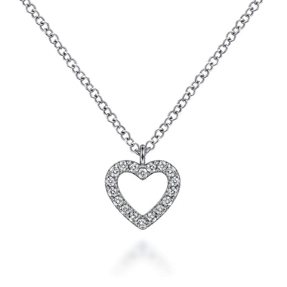 14K White Gold Open Heart Diamond Pendant Necklace