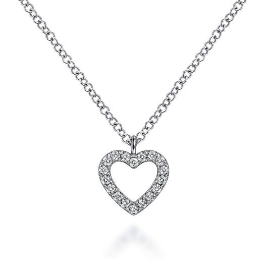 14K White Gold Open Heart Diamond Pendant Necklace