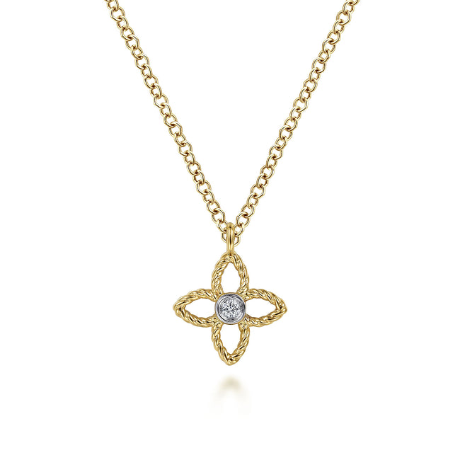 14K Yellow-White Gold Twisted Rope Quatrefoil Pendant Necklace with Diamond Center