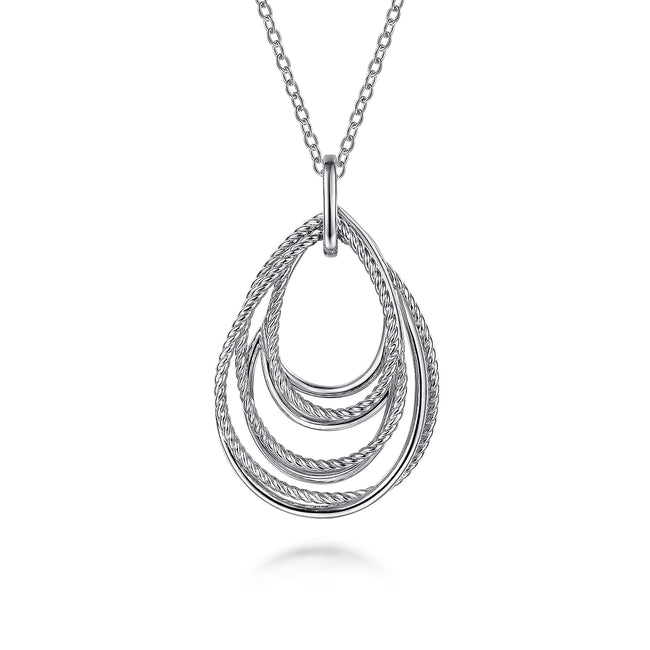 925 Sterling Silver Multi Row of Rope Teardrop Pendant Necklace