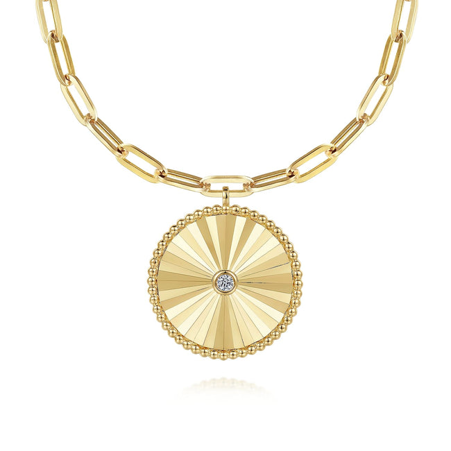 18 inch 14K Yellow Gold Textured Diamond Medallion Hollow Chain Necklace