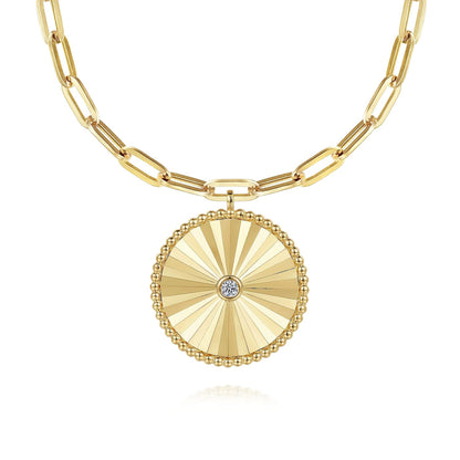 18 inch 14K Yellow Gold Textured Diamond Medallion Hollow Chain Necklace