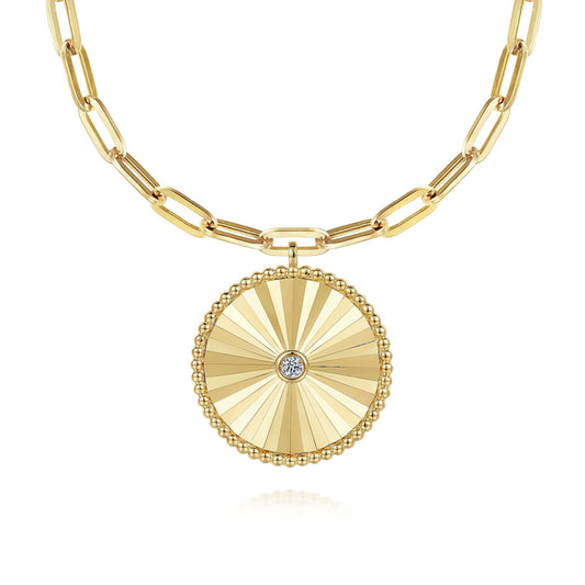 18 inch 14K Yellow Gold Textured Diamond Medallion Hollow Chain Necklace