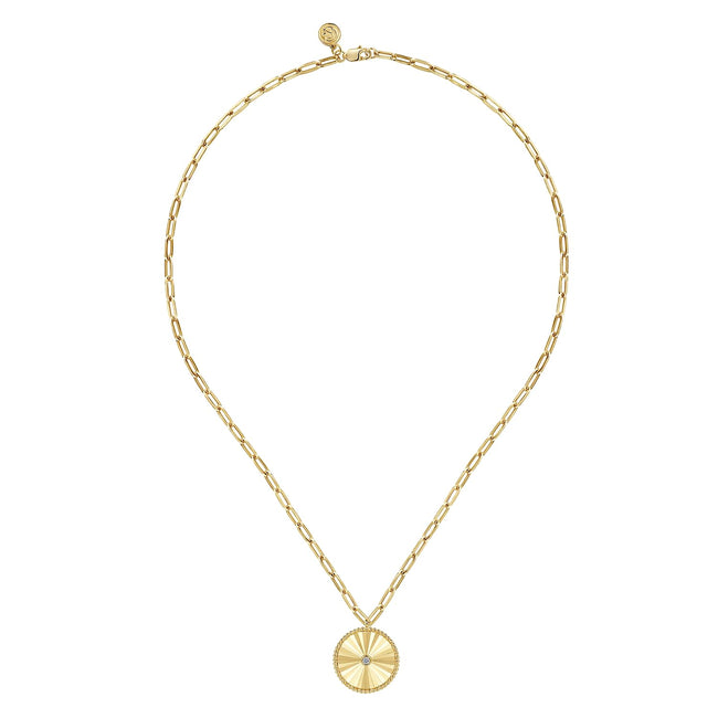 18 inch 14K Yellow Gold Textured Diamond Medallion Hollow Chain Necklace