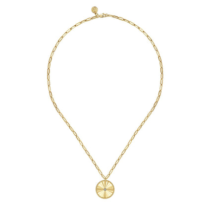 18 inch 14K Yellow Gold Textured Diamond Medallion Hollow Chain Necklace