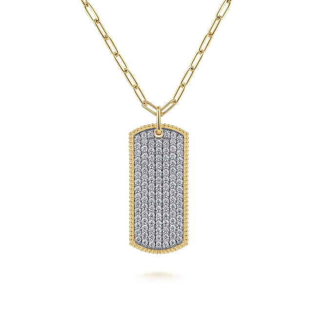14K Yellow Gold Diamond Pavé Dog Tag Pendant Hollow Chain Necklace
