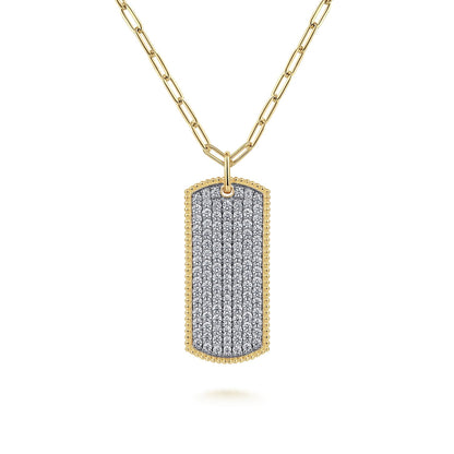 14K Yellow Gold Diamond Pavé Dog Tag Pendant Hollow Chain Necklace