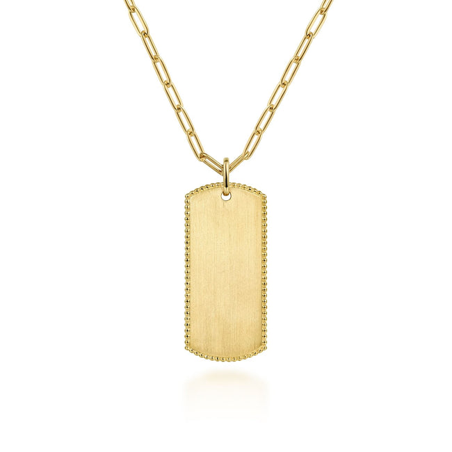 14K Yellow Gold ID Dog Tag Pendant Hollow Chain Necklace