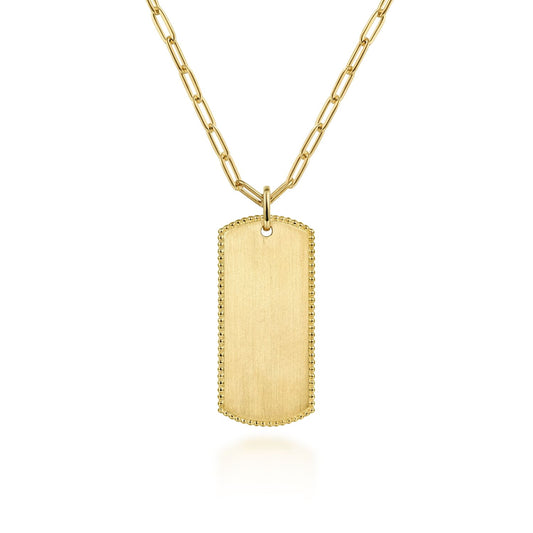 14K Yellow Gold ID Dog Tag Pendant Hollow Chain Necklace