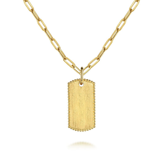 14K Yellow Gold Dog Tag Pendant Hollow Chain Necklace
