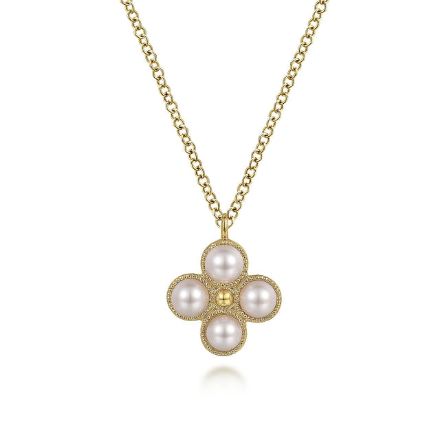 14K Yellow Gold Pearl Clover Pendant Necklace