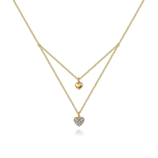 14K Yellow Gold Diamond Double Heart Pendant Necklace