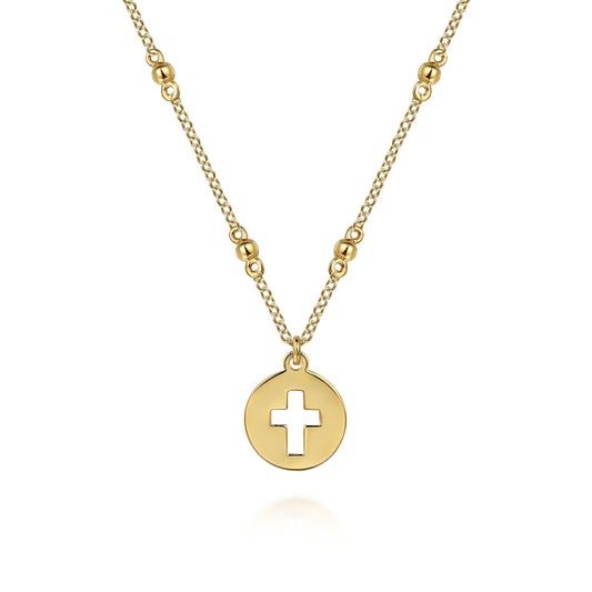14K Yellow Gold Cross Cutout Pendant Necklace