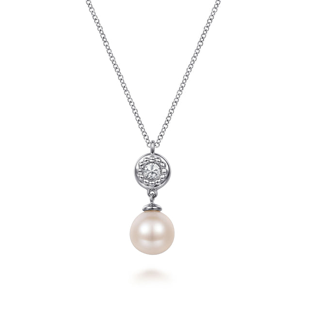 925 Sterling Silver White Sapphire and Round Pearl Bujukan Necklace