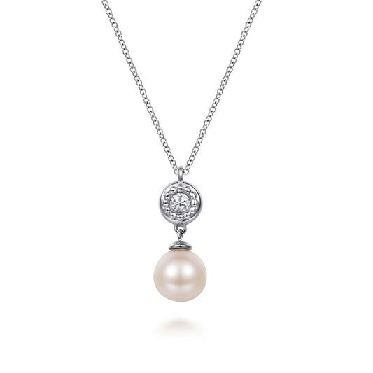 925 Sterling Silver White Sapphire and Round Pearl Bujukan Necklace