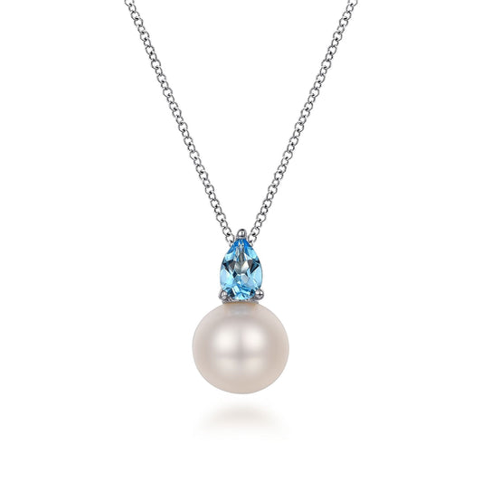 925 Sterling Silver Mother of Pearl and Blue Topaz Pendant Necklace