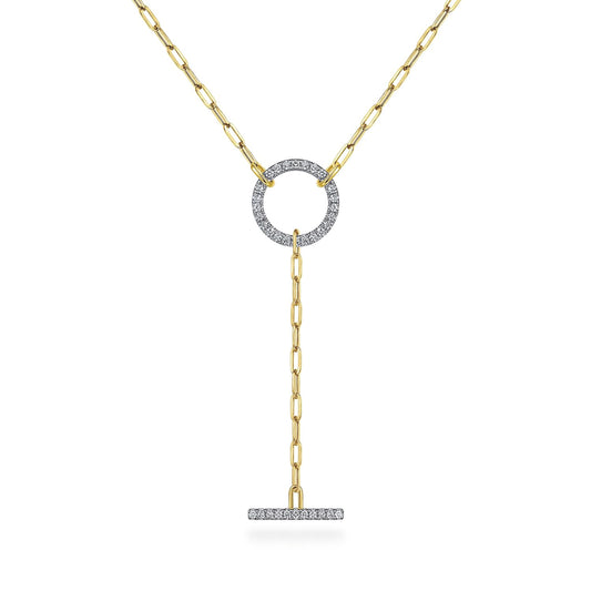 14K Yellow Gold Diamond Circle and Bar Y-Knot Necklace with Hollow Paperclip Chain