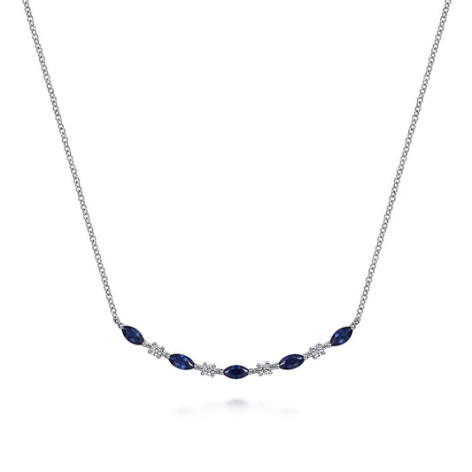 14K White Gold Diamond and Marquise Blue Sapphire Bar Necklace