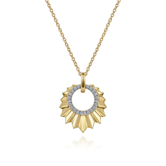 14K Yellow Gold Diamond and Diamond Cut Texture Pendant Necklace