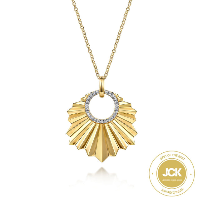 14K Yellow Gold Diamond Necklace With Diamond Cut Texture In Leaf Shape