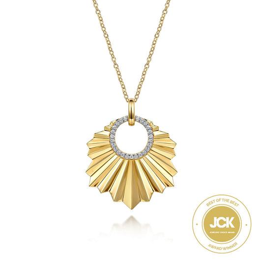 14K Yellow Gold Diamond Necklace With Diamond Cut Texture In Leaf Shape