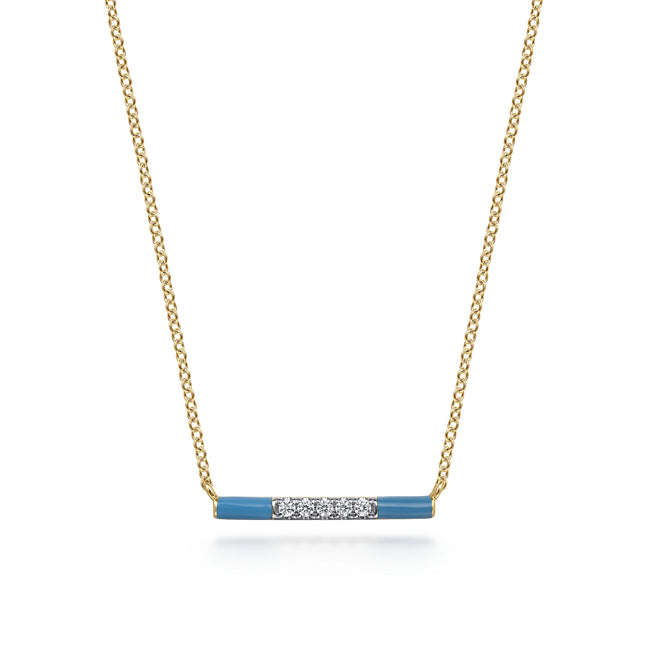 14K Yellow Gold Diamond Bar Necklace with Dusk Blue Enamel