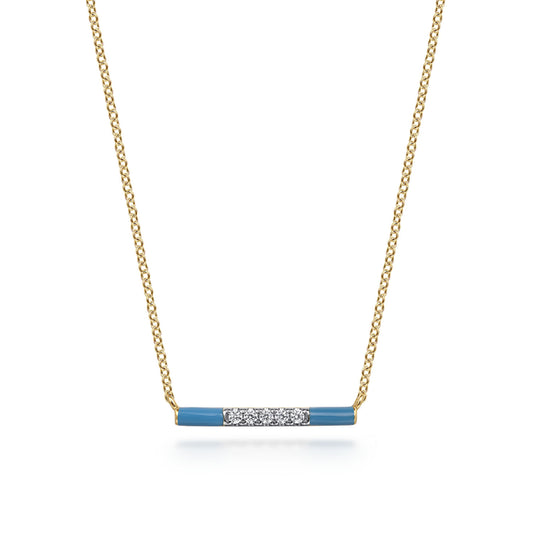 14K Yellow Gold Diamond Bar Necklace with Dusk Blue Enamel