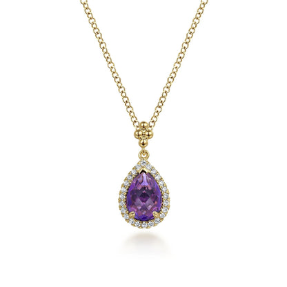 14K Yellow Gold Teardrop Amethyst with Diamond Halo Necklace