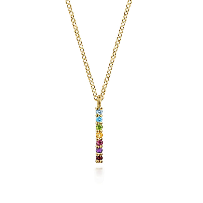 14K Yellow Gold Rainbow Color Stone Bar Necklace