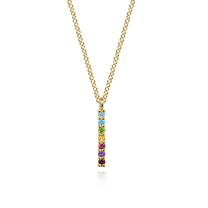 14K Yellow Gold Rainbow Color Stone Bar Necklace