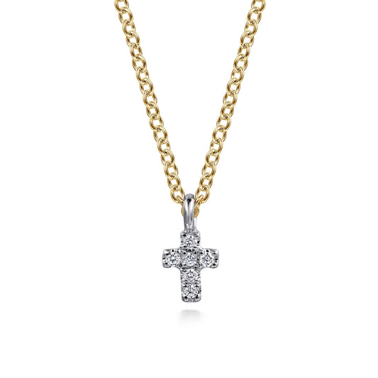 14K Yellow and White Gold Diamond Cross Pendant Necklace