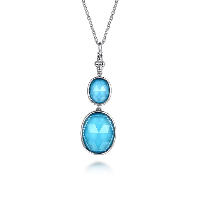 925 Sterling Silver Oval Shape Rock Crystal and Turquoise Bujukan Drop Necklace