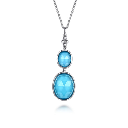 925 Sterling Silver Oval Shape Rock Crystal and Turquoise Bujukan Drop Necklace