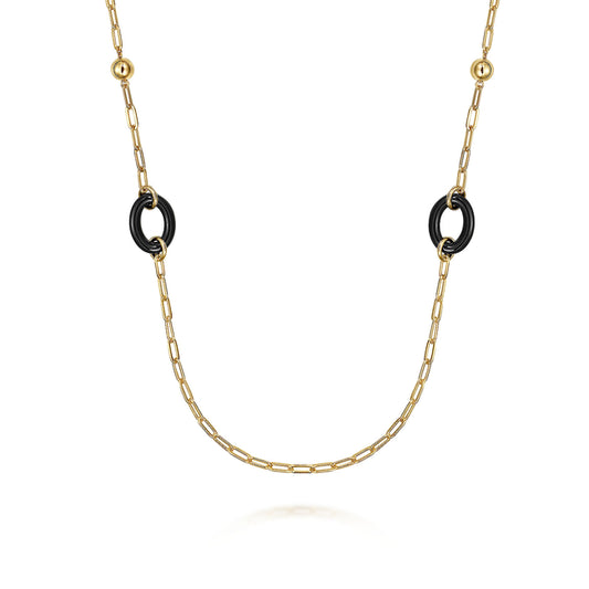 14K Yellow Gold Bujukan and Black Oval Ceramic Link Station Necklace