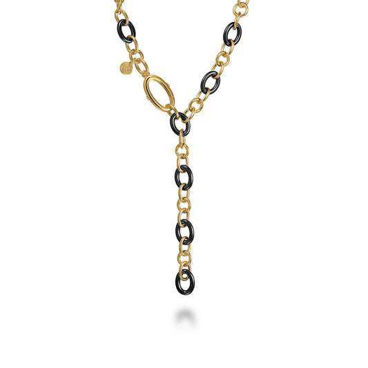 14K Yellow Gold Hollow Tube and Black Oval Ceramic Y Knots Necklace