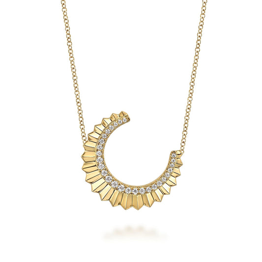 14K Yellow Gold Diamond Half Moon Diamond Cut Pendant Necklace