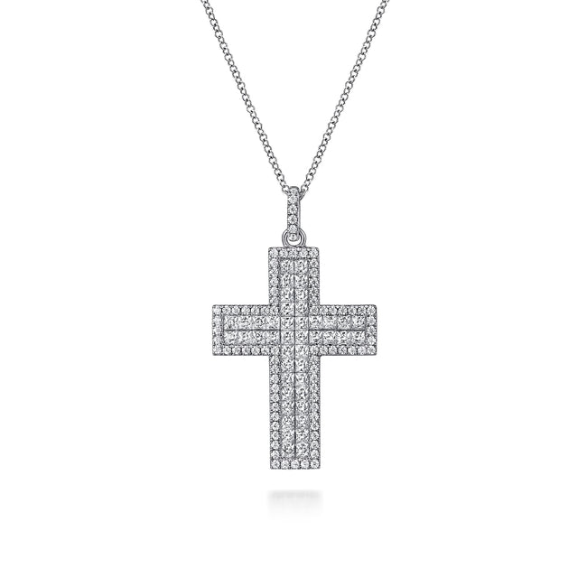 18K White Gold Diamond Pavé Cross Pendant Necklace