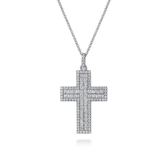 18K White Gold Diamond Pavé Cross Pendant Necklace