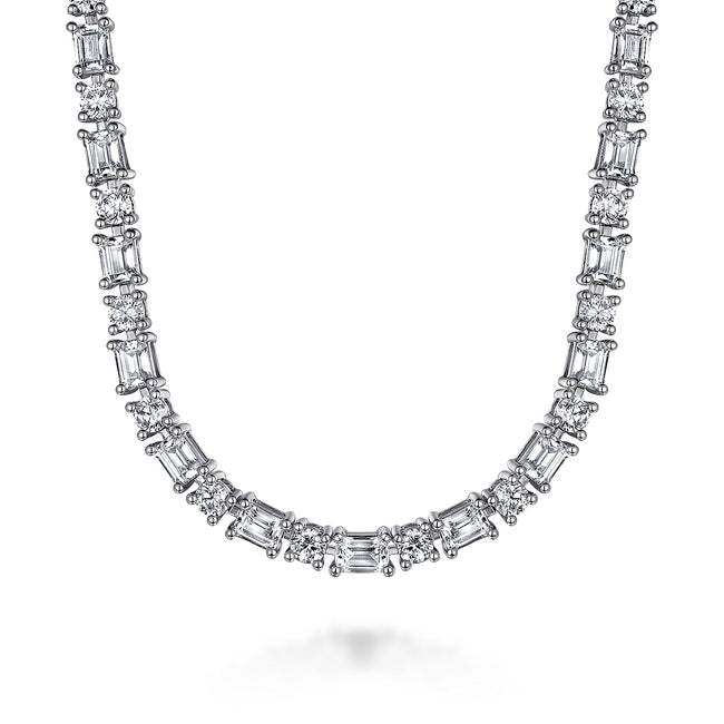 18K White Gold Emerald and Round Diamond Tennis Necklace