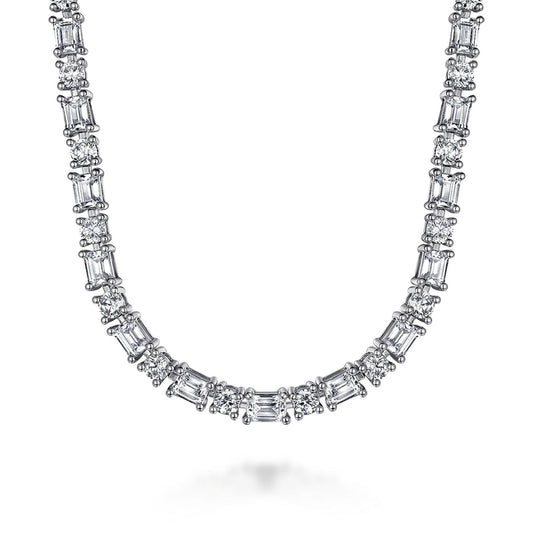 18K White Gold Emerald and Round Diamond Tennis Necklace