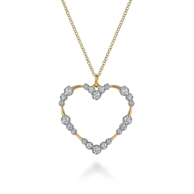 14K Yellow Gold Graduated Diamond Station Heart Pendant Necklace
