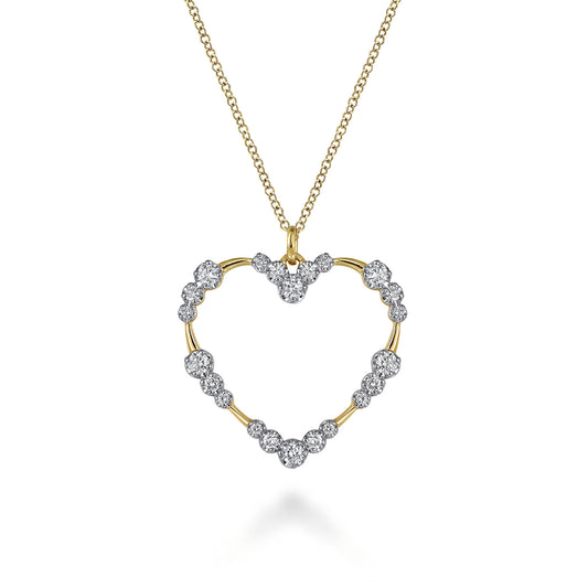14K Yellow Gold Graduated Diamond Station Heart Pendant Necklace