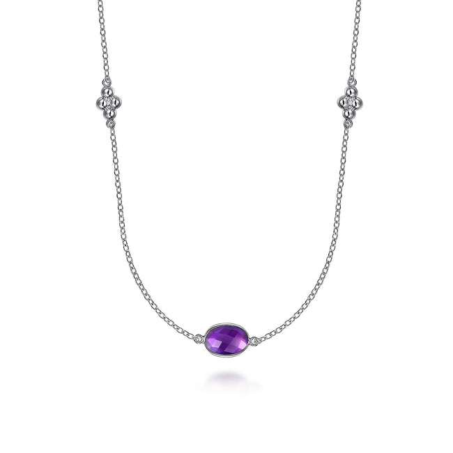 925 Sterling Silver 32 inch Bezel Oval Amethyst and Bujukan Beads Station Necklace